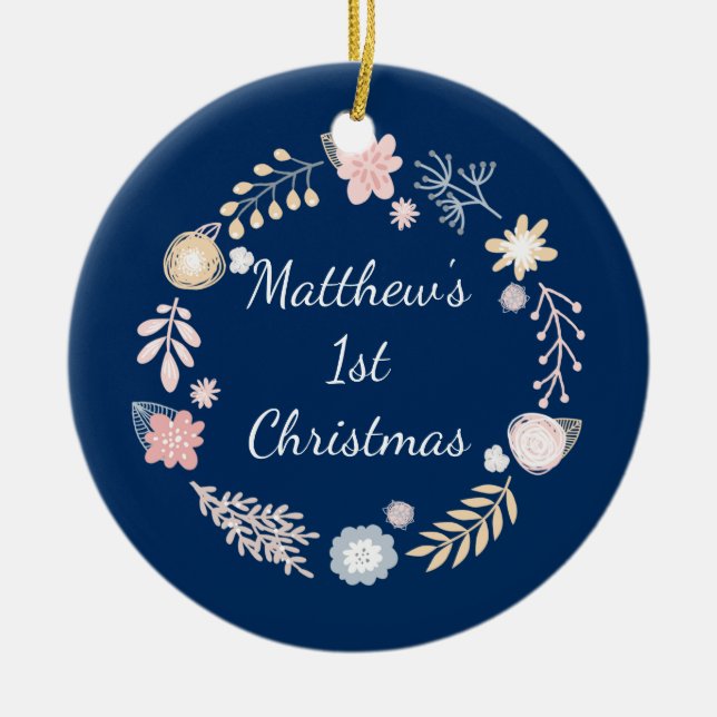 Baby's 1st Christmas Holiday Blue Botanical Ceramic Tree Decoration (Front)