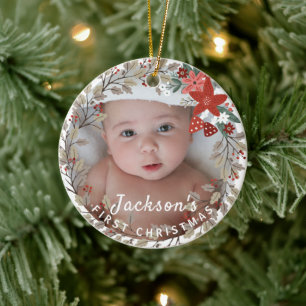 Baby's 1st Christmas Holly Wreath Photo Keepsake Ceramic Tree Decoration