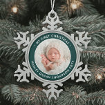 Baby's 1st Christmas Modern Photo Green and White Snowflake Pewter Christmas Ornament<br><div class="desc">Celebrate the simple joys of the holiday season with a stylish green and white custom photo round metal snowflake Christmas ornament. Gender neutral design is suitable for either a new baby boy or girl. Wording and picture on this template are simple to personalise. "My First Christmas" quote is easy to...</div>