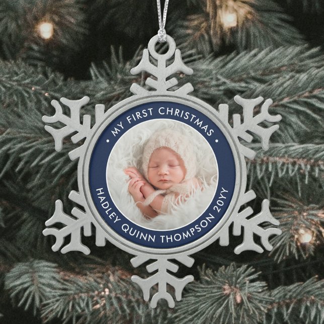 Baby's 1st Christmas Modern Photo Navy Blue White Snowflake Pewter Christmas Ornament (Creator Uploaded)