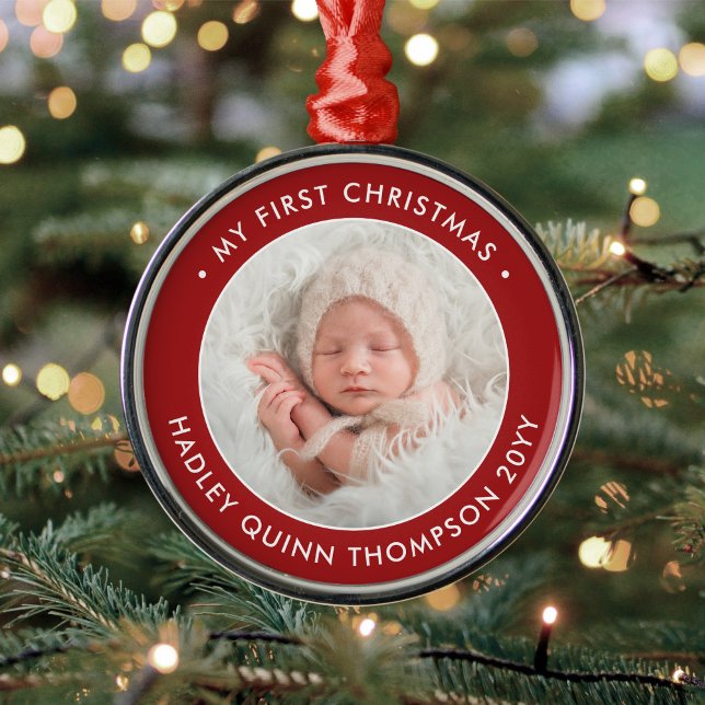 Baby's 1st Christmas Modern Photo Red and White Metal Tree Decoration (Creator Uploaded)
