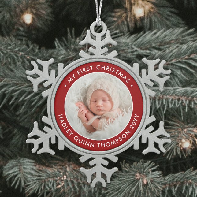 Baby's 1st Christmas Modern Photo Red and White Snowflake Pewter Christmas Ornament (Creator Uploaded)