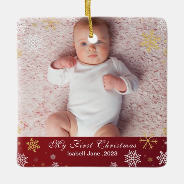 Baby's 1st Christmas Modern Photo White Snowflakes Ceramic Ornament (Front)
