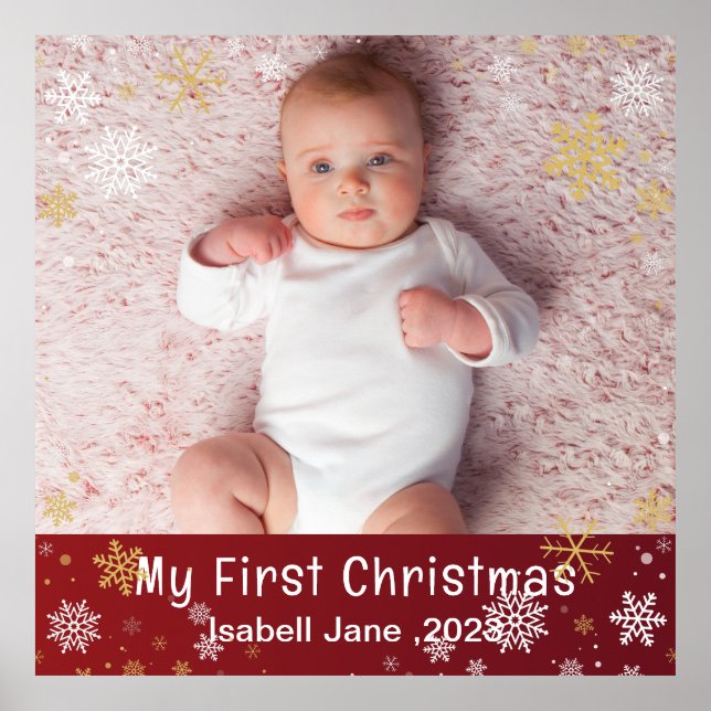 Baby's 1st Christmas Modern Photo White Snowflakes Poster (Front)