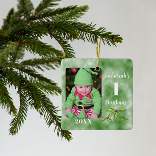 Baby's 1st Christmas One Photo Square Ceramic Ornament