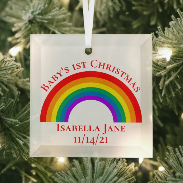 Baby's 1st Christmas Personalised Rainbow Gift Glass Tree Decoration (Insitu)