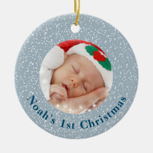 Baby's 1st Christmas Photo Blue with White Snow Ceramic Tree Decoration