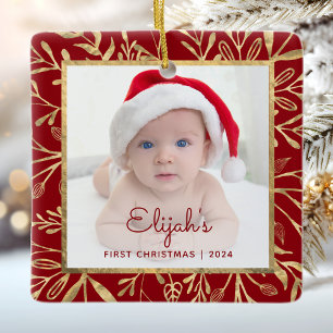 Babys 1st Christmas Photo Burgundy Gold Foliage Ceramic Ornament