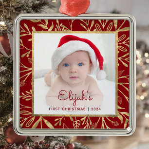 Babys 1st Christmas Photo Burgundy Gold Foliage Metal Tree Decoration