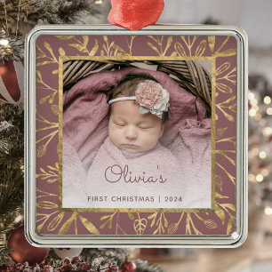 Babys 1st Christmas Photo Dusty Rose Gold Foliage Metal Tree Decoration