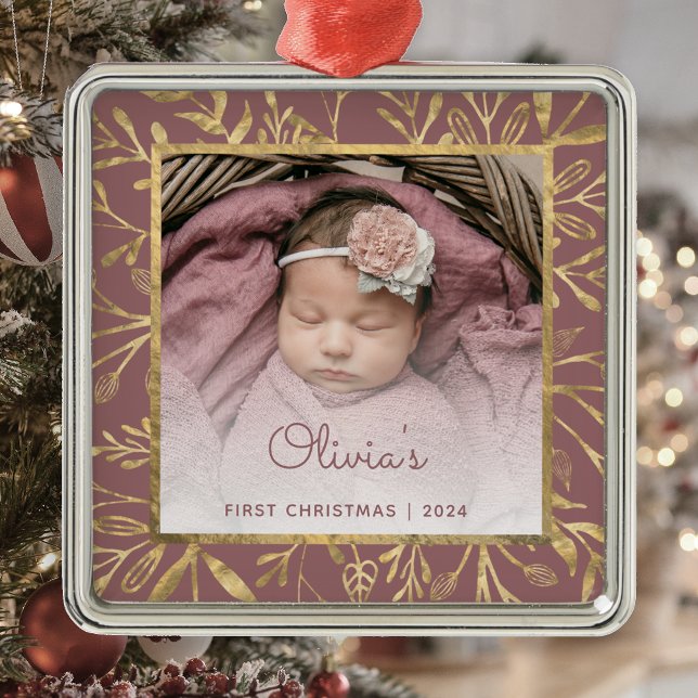 Babys 1st Christmas Photo Dusty Rose Gold Foliage Metal Tree Decoration (Creator Uploaded)