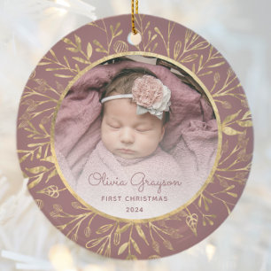 Babys 1st Christmas Photo Dusty Rose Gold Round Ceramic Tree Decoration