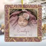 Babys 1st Christmas Photo Gold Foliage Dusty Rose Ceramic Ornament<br><div class="desc">Celebrate baby's first Christmas with this beautiful keepsake ornament. Easily replace the sample image with your own favourite photo and customise it with baby's name in teal blue script font and the year below. A white gradient screen helps make the text pop. The photo is set off by an elegant...</div>