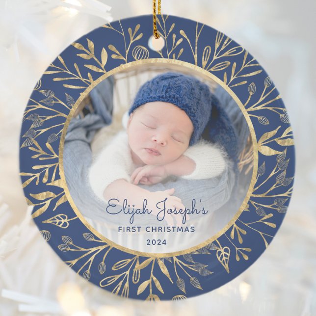 Babys 1st Christmas Photo Gold Foliage Navy Blue Ceramic Tree Decoration (Creator Uploaded)
