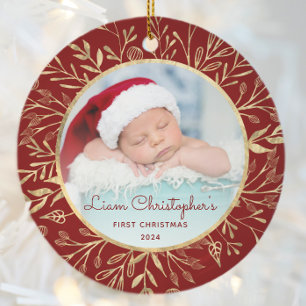 Babys 1st Christmas Photo Gold Foliage Red Round Ceramic Tree Decoration
