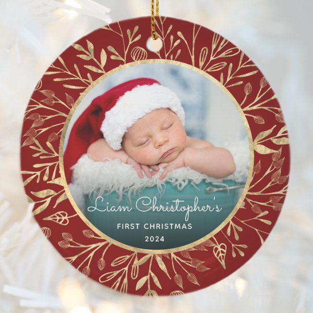 Babys 1st Christmas Photo Gold Foliage Red Round Ceramic Tree Decoration (Creator Uploaded)