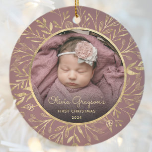 Babys 1st Christmas Photo Gold Foliage Rose Round Ceramic Tree Decoration