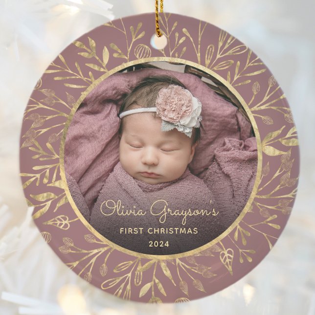 Babys 1st Christmas Photo Gold Foliage Rose Round Ceramic Tree Decoration (Creator Uploaded)