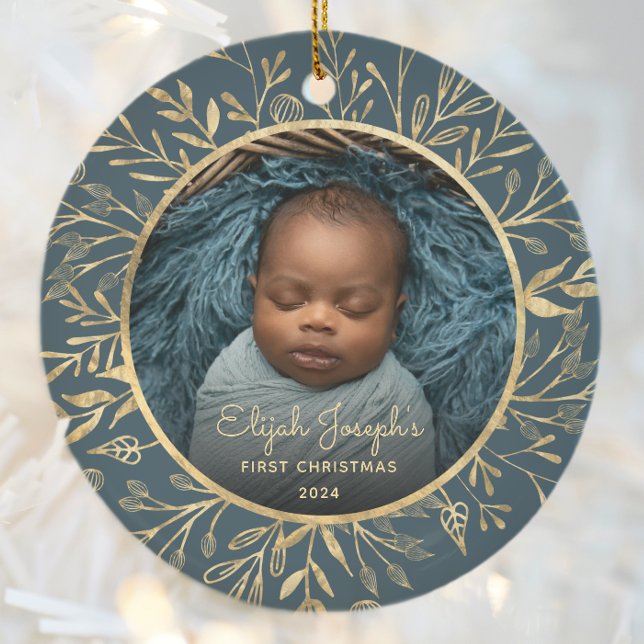 Babys 1st Christmas Photo Gold Foliage Teal Round Ceramic Tree Decoration (Creator Uploaded)