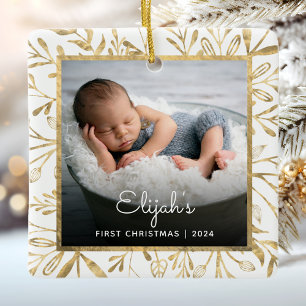 Babys 1st Christmas Photo Gold Foliage White Ceramic Ornament
