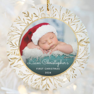 Babys 1st Christmas Photo Gold Foliage White Round Ceramic Tree Decoration