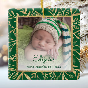 Babys 1st Christmas Photo Green Gold Foliage Ceramic Ornament