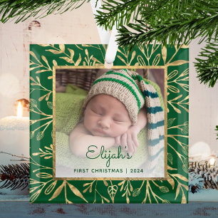 Babys 1st Christmas Photo Green Gold Foliage Glass Tree Decoration