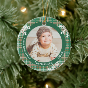 Baby's 1st Christmas Photo Green Plaid Snowflakes Ceramic Tree Decoration