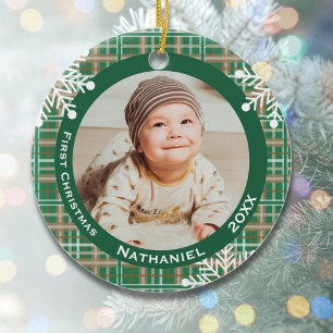 Baby's 1st Christmas Photo Green Plaid Snowflakes Ceramic Tree Decoration