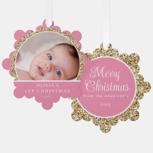 Baby's 1st Christmas Photo Name Pink Gold Greeting Tree Decoration Card