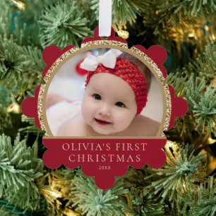 Baby's 1st Christmas Photo Name Red Gold  Tree Decoration Card