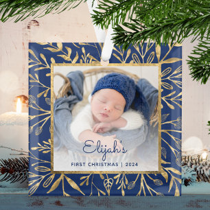 Babys 1st Christmas Photo Navy Blue Gold Foliage Glass Tree Decoration