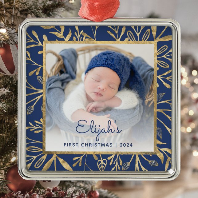 Babys 1st Christmas Photo Navy Blue Gold Foliage Metal Tree Decoration (Creator Uploaded)