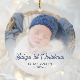 Baby's 1st Christmas Photo Navy Blue Retro Script Ceramic Tree Decoration