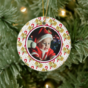 Baby's 1st Christmas Photo Red Gold Candy Canes Ceramic Tree Decoration