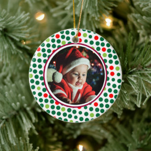 Baby's 1st Christmas Photo Red Green Dots Ceramic Tree Decoration
