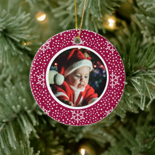 Baby's 1st Christmas Photo Red White Snowflakes Ceramic Tree Decoration