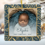 Babys 1st Christmas Photo Teal Blue Gold Foliage Ceramic Ornament<br><div class="desc">Celebrate baby's first Christmas with this beautiful keepsake ornament. Easily replace the sample image with your own favourite photo and customise it with baby's name in teal blue script font and the year below. A white gradient screen helps make the text pop. The photo is set off by an elegant...</div>
