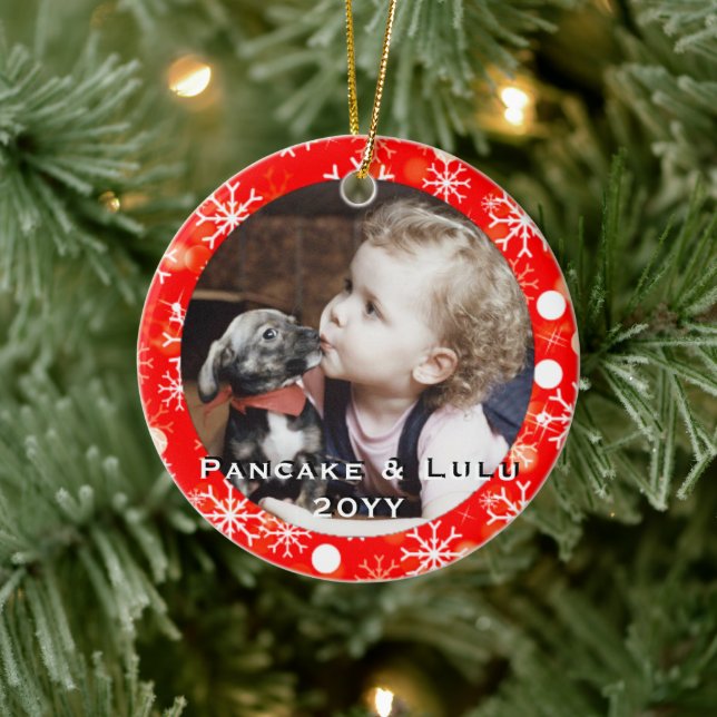 Baby's 1st Christmas Photo with Pet Red Snowflakes Ceramic Tree Decoration (Tree)