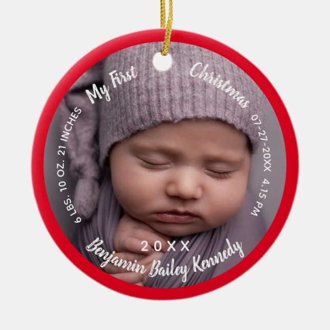 Baby's 1st Christmas Photos Birth Stats Baby name  Ceramic Tree Decoration (Front)