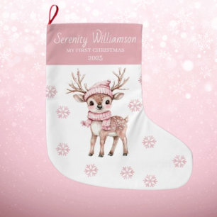 Babys 1st Christmas Pink Snowflakes Deer Woodland Large Christmas Stocking