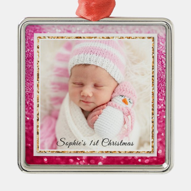 Baby's 1st Christmas Purple Glitter Name Photo Metal Tree Decoration (Front)