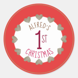 Baby's 1st Christmas red and gold heart Classic Round Sticker