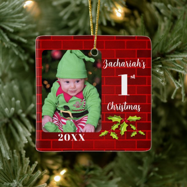 Baby's 1st Christmas Red Brick Keepsake Ceramic Ornament (Tree)
