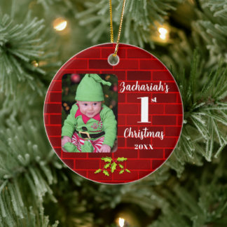 Baby's 1st Christmas Red Brick Round Keepsake Ceramic Tree Decoration