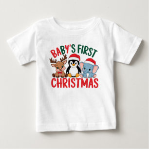 Baby's 1st Christmas - Reindeer, Penguin, Elephant Baby T-Shirt