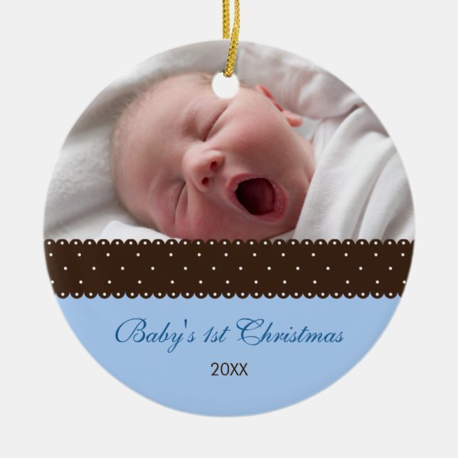 Baby's 1st Christmas - Ribbon (blue) Ceramic Tree Decoration (Front)
