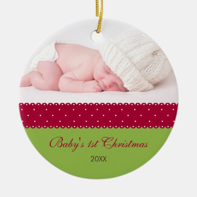 Baby's 1st Christmas - Ribbon (green) Ceramic Tree Decoration (Front)