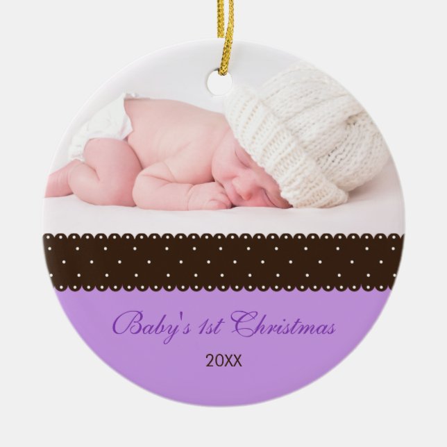 Baby's 1st Christmas - Ribbon (lavender) Ceramic Tree Decoration (Front)