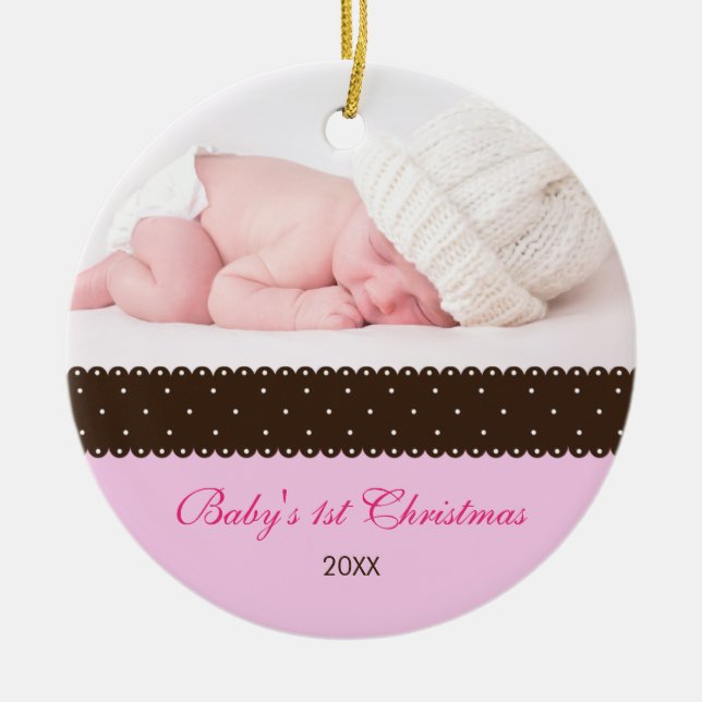 Baby's 1st Christmas - Ribbon (pink) Ceramic Tree Decoration (Front)